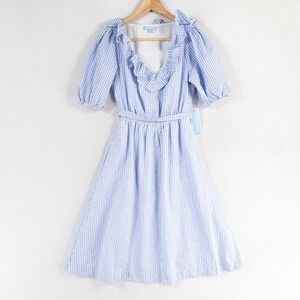 Draper James RSVP Dress Womens XS Blue White Check Gingham Puff Sleeve Tie Waist